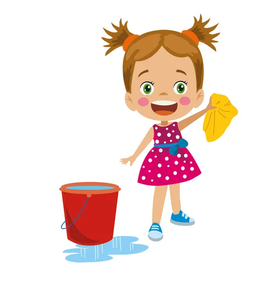 Nettes Kleines Mädchen Putzt Mit Tuch — Stockvektor