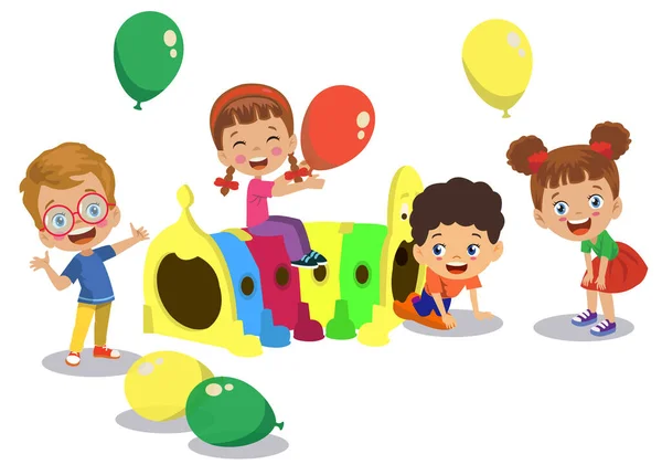 Kinderen Spelen Met Rupsen Begeleid Door Ballonnen — Stockvector