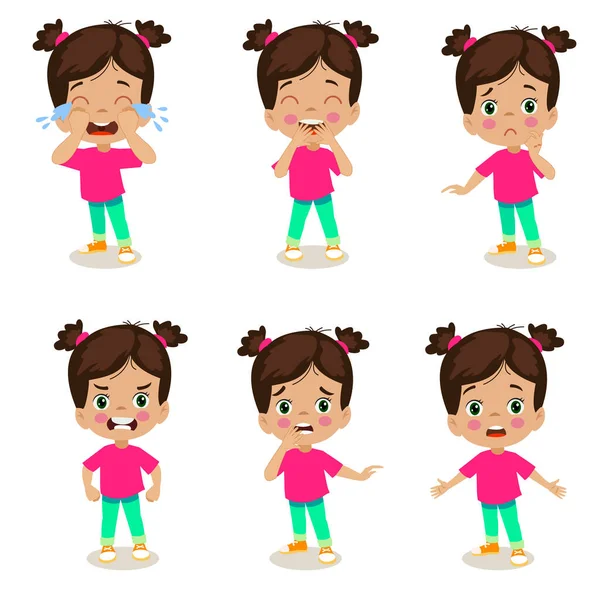 Cute Little Girl Various Expressions Gesture Set — Stock Vector