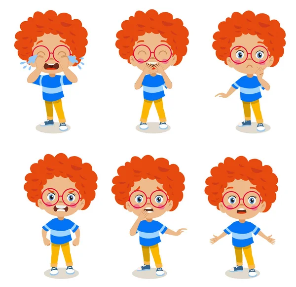 Cute Little Kid Boy Various Expressions Gesture Set — Stock Vector