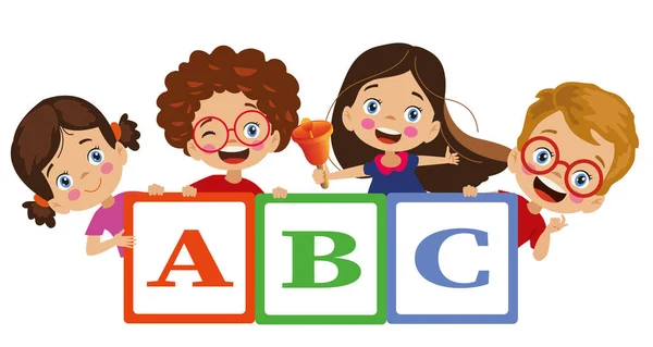 Buchstabenwürfel Und Niedliche Kinder Lernen Buchstaben — Stockvektor