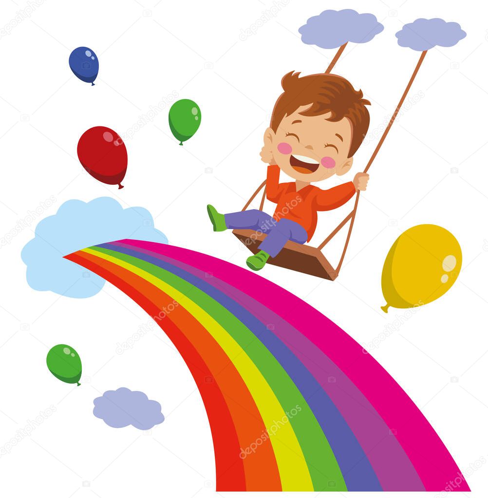 Niño Feliz Columpio Arco Iris Por Encima Las Nubes Vector de stock