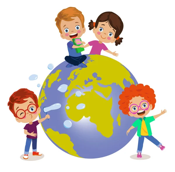 地球和可爱的快乐的孩子们回到学校 — 图库矢量图片