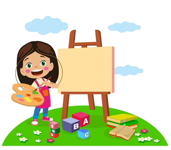 Cute Painter Girl Painting Her Beautiful Painting — Stock Vector