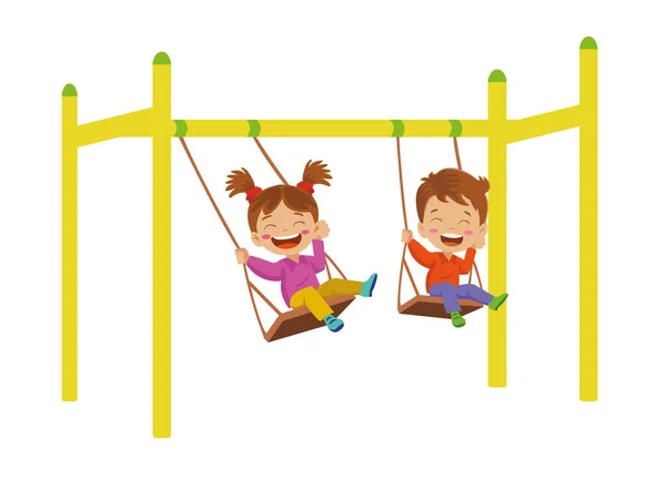 Niños Felices Balanceándose Parque Infantil — Vector de stock