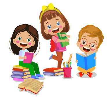 Güzel, mutlu çocuklar kitap okuyor.