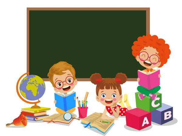 Niños Estudiando Mapa Del Mundo Aula Escolar — Vector de stock