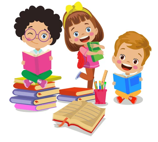 Mignon Heureux Enfants Lecture Livre — Image vectorielle