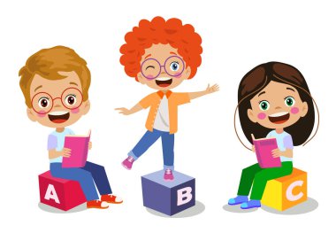 Sınıf mektup küpleri ve sevimli öğrenciler.