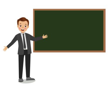 Sınıftaki ders panosunun önünde erkek öğretmen.