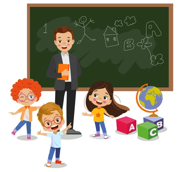 Nette Schüler Und Lehrer Klassenzimmer Der Schule — Stockvektor