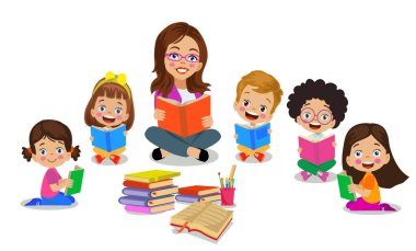 Öğretmenler sınıfta öğrencilerle kitap okuyor.