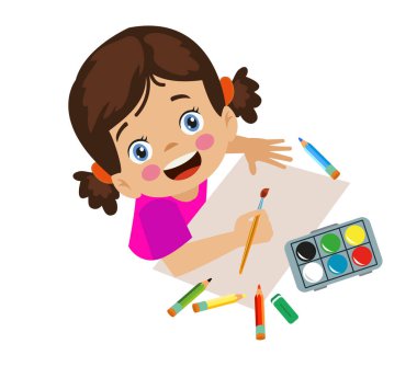 Güzel ressam ve kız yağlı boya sıkıyor.