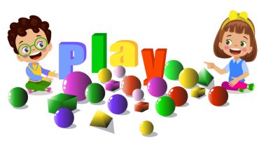 Çocuklar renkli toplar ve geometrik şekillerle oynuyorlar.