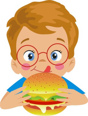 Hamburger yiyen sevimli çocuk.