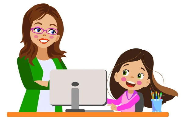 可爱的女孩和妈妈与他的计算机在桌旁一起工作 — 图库矢量图片