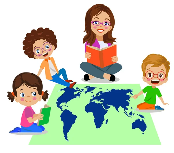 Uczniowie Nauczyciele Pracujący Mapie Świata — Wektor stockowy