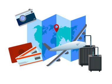 bavullar ve uçaklar reklam medyası turizmi ve tüm nesneler için pasaporta yerleştirildi