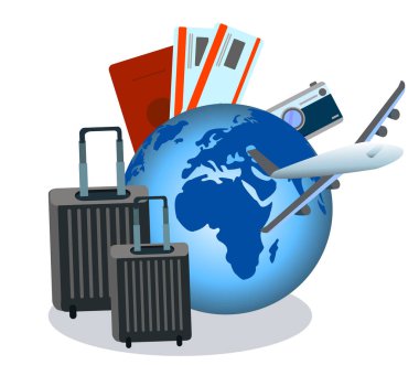 bavullar ve uçaklar reklam medyası turizmi ve tüm nesneler için pasaporta yerleştirildi