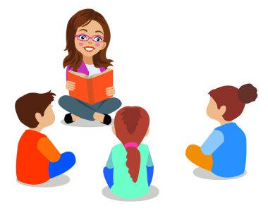 Öğretmen ve öğrenciler kitap okuyor.