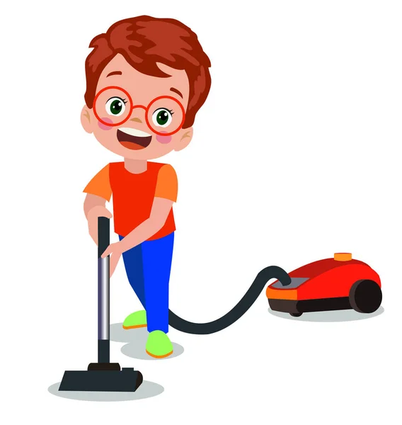 Cute Boy Sweeping House Vacuum Cleaner - Stok Vektor