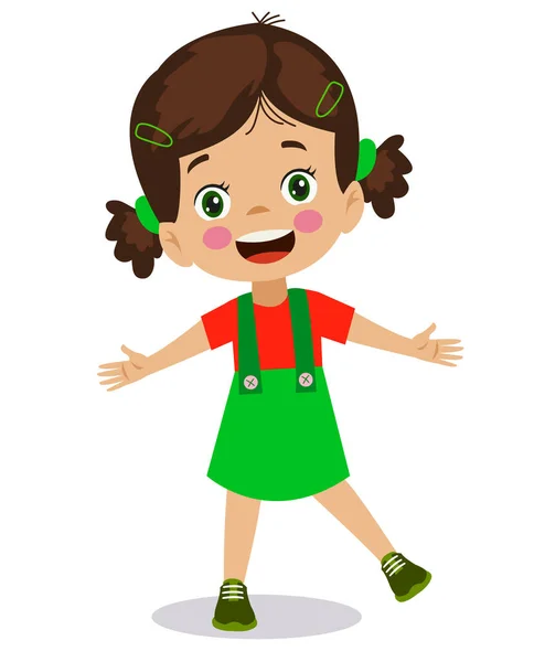 Linda Colegiala Feliz Con Vestido Verde — Vector de stock