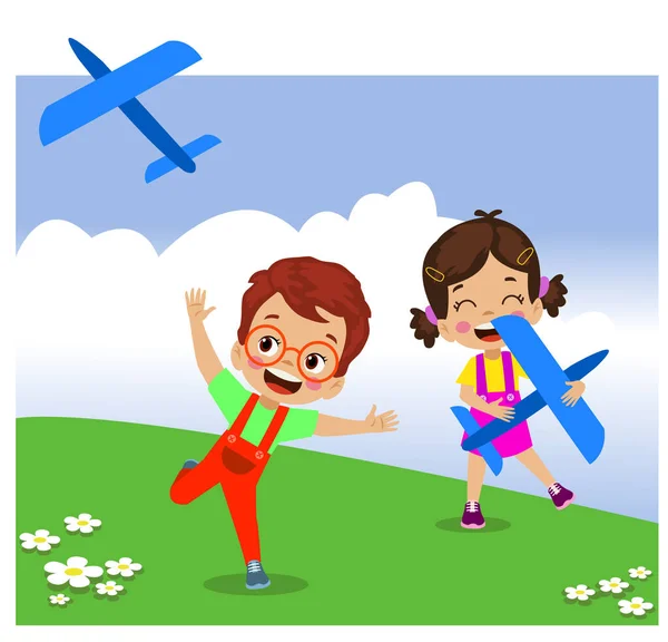 Mignons Enfants Volant Modèles Réduits Avions — Image vectorielle
