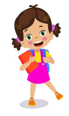 Sırtlarında okul çantalarıyla okula giden şirin, mutlu çocuklar.