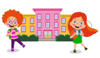 Sırtlarında okul çantalarıyla okula giden şirin, mutlu çocuklar.