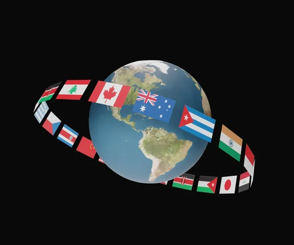 Geïsoleerde Wereldbol Internationale Landen Vlaggen Zwarte Achtergrond — Stockfoto