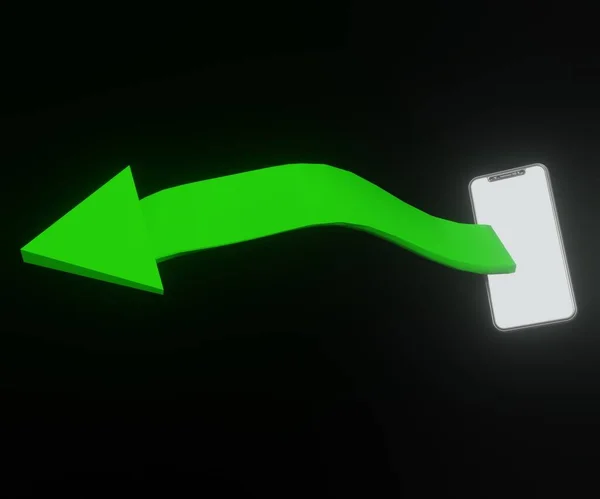 黒の背景にスマートフォンから隔離された緑の矢印3Dレンダリング — ストック写真