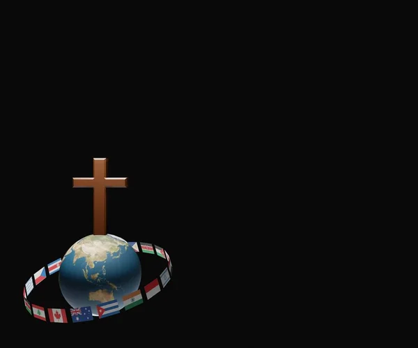Drewniany Krzyż Nad Globem Flagami Międzynarodowymi — Zdjęcie stockowe