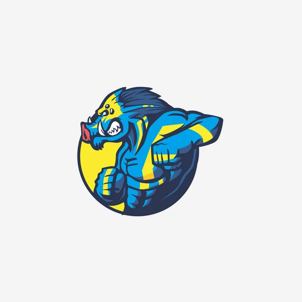 Blue Hog Fighter Mascot Logo Design — Stock Vector