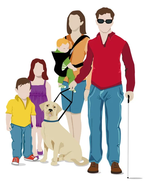 Ilustración Encantadora Familia Con Padre Que Tiene Una Discapacidad Visual — Foto de Stock