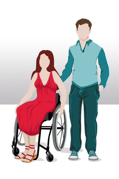 灰色と白の背景と影を持つ 彼の妻と車椅子に座って脊髄損傷を持つ男 — ストック写真
