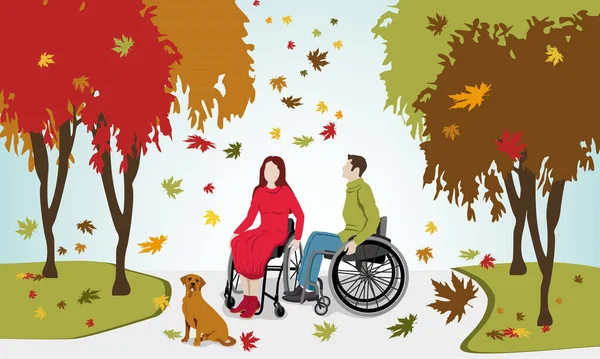 Два Человека Которые Используют Инвалидное Кресло Своей Собакой Парке Осенью — стоковое фото