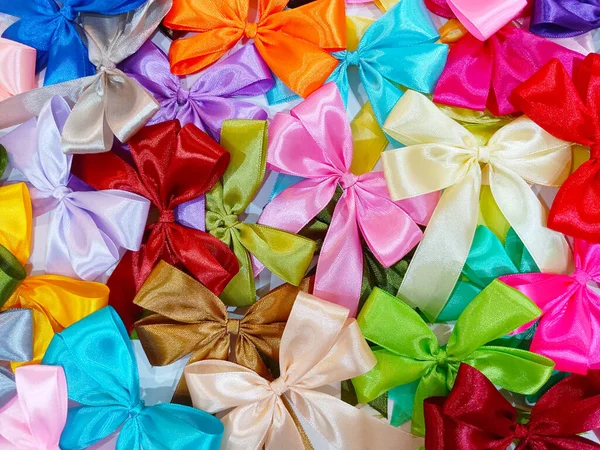 Pile Colorful Handmade Bows Ribbon White Background Gifts Wrapping — 스톡 사진