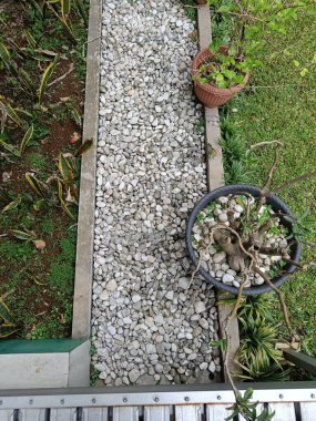 Arka planda yeşil çimenler ve bitkiler olan arka bahçedeki Beyaz Gri Taş blok patikasının üst görüntüsü.