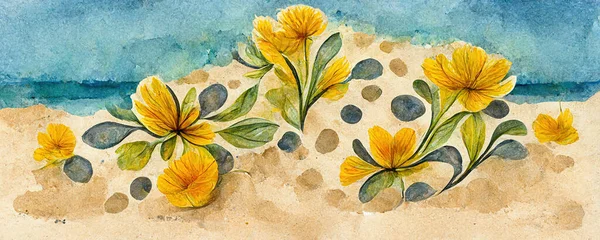 Flores Amarelas Uma Praia Areia Mar Padrão Fundo Papel Parede — Fotografia de Stock