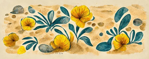 Flores Amarelas Padrão Fundo Praia Areia Papel Parede Ilustração Aquarela — Fotografia de Stock