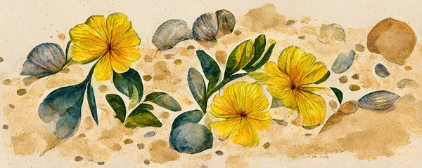 Flores Amarelas Padrão Fundo Praia Areia Papel Parede Ilustração Aquarela — Fotografia de Stock