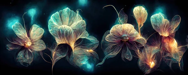 Flores Bioluminescentes Brilhando Escuro Papel Parede Floral Microorganismos Sobre Fundo — Fotografia de Stock