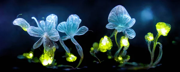 Flores Azules Bioluminiscentes Que Brillan Oscuridad Tallos Verdes Papel Pintado —  Fotos de Stock