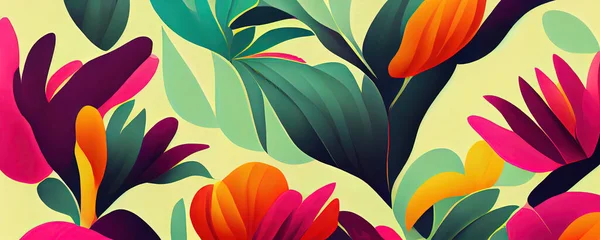 Tropical flower and leaf wallpaper pattern. Modern and colourful floral wallpaper background featuring purple and orange flowers among green leafs.
