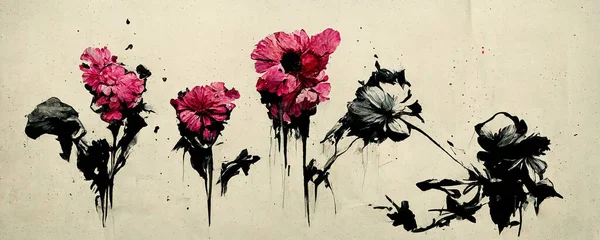 Tinta Flores Grafite Preto Fundo Branco Texturizado Com Notas Magenta — Fotografia de Stock