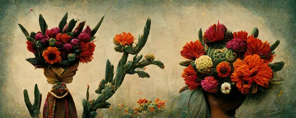 Flores Inspiradas Frida Kahlo Fauna Sul Americana Fundo Floral Cor — Fotografia de Stock