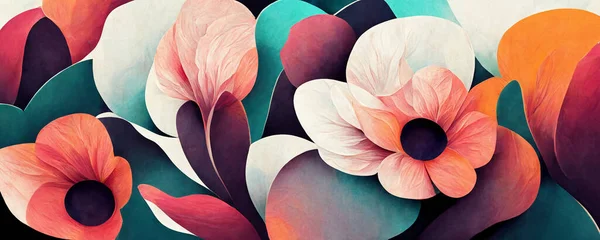 Diseño Flores Moderno Con Flores Color Rosa Naranja Cian Patrones — Foto de Stock