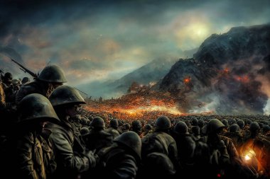 Soldiers ready to go into the battlefield. World War 1 themed wallpaper background featuring western military surrounded by smoke. Troops in 1914 historical warfare drawing going to front with guns clipart