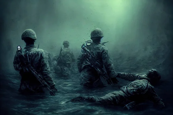 Army Soldiers Submerged Water Ww1 World War Digital Illustration Featuring — Stock Photo, Image