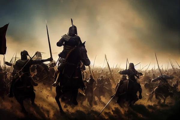 Efsanevi Bir Ortaçağ Savaş Sahnesi Atların Üzerinde Süren Şövalyeler Sinematik — Stok fotoğraf